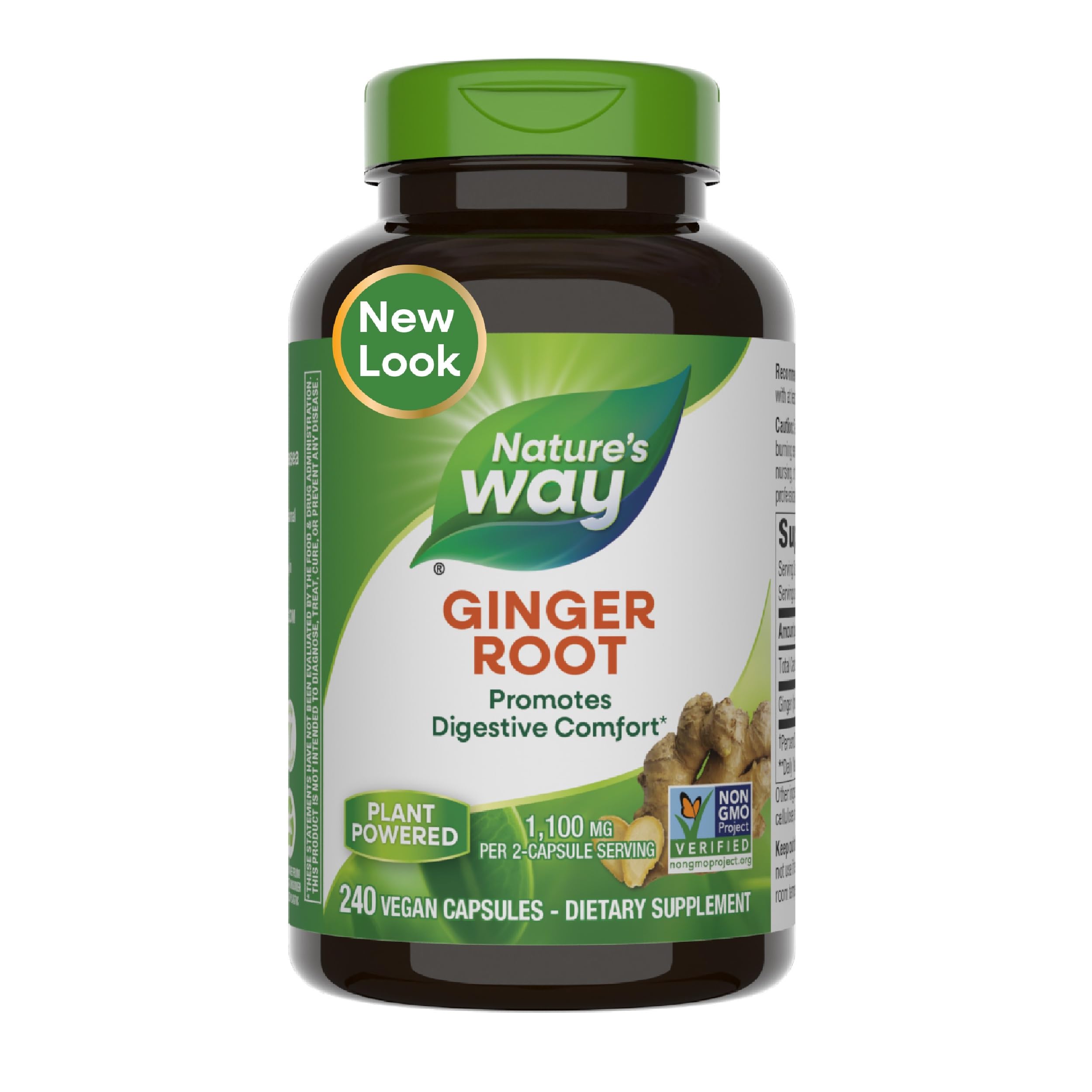 Nature's Way Ginger Root Capsules 550 mg per capsule, Digestive Comfort* Reduces Motion-Related Nausea*, 1,100 mg per 2 Capsules, Non-GMO Project Verified, Vegan, 240 Count (Packaging May Vary)