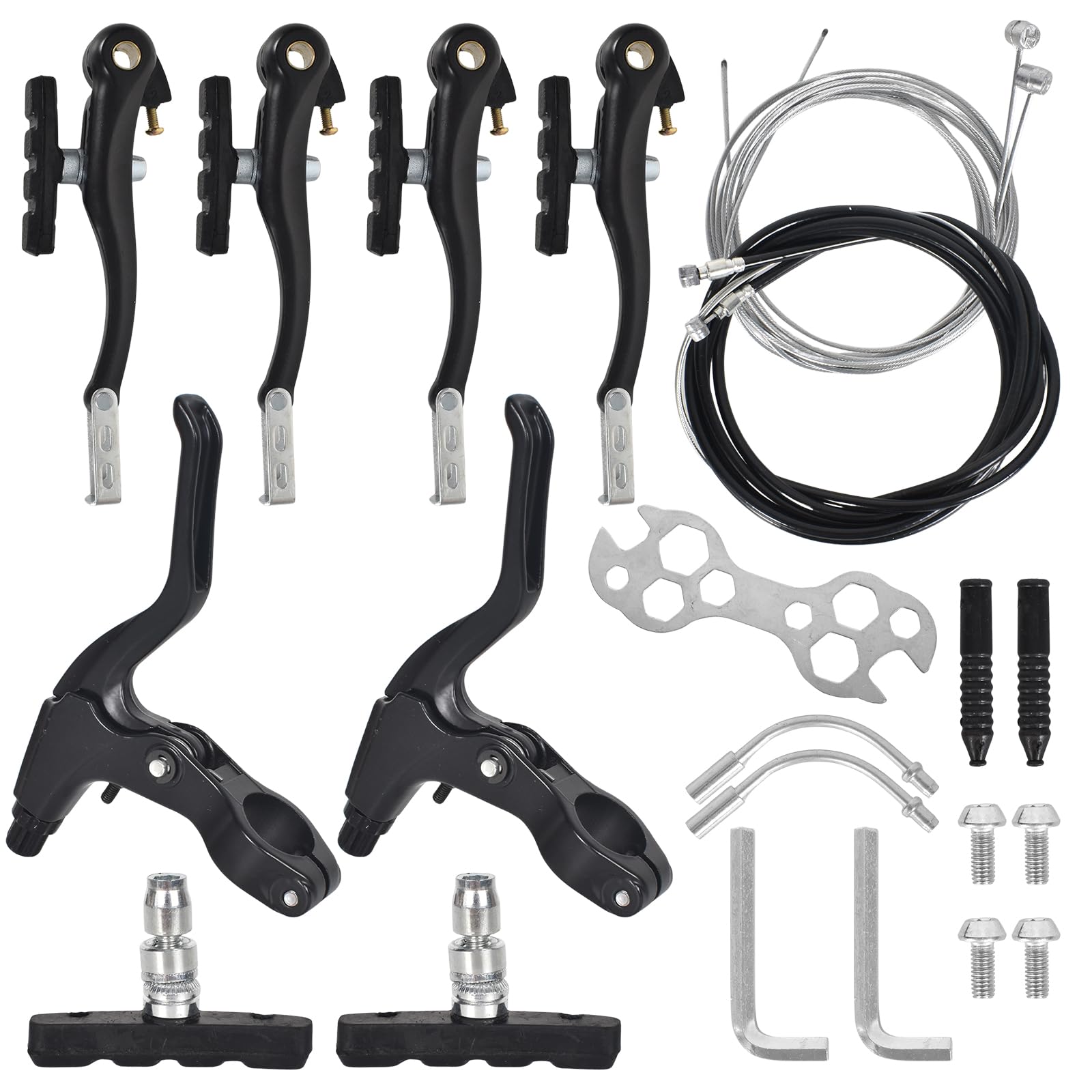 Complete Bike Brake Set, BMX and Mountain Bike V-Brake Set with Levers, Bicycle Brake Cable & Fixings,Front and Rear Brake - Perfect for Mountain, Road & Hybrid Bikes, Bike Parts (Black)