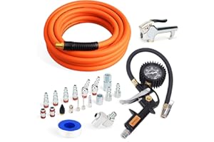 FYPower 22 Pieces Air Compressor Accessories kit, 3/8 inch x 25 ft Hybrid Air Compressor Hose Kit, 1/4" NPT Quick Connect Air Fittings, Tire Inflator Gauge, Heavy Duty Blow Gun, Swivel Plugs