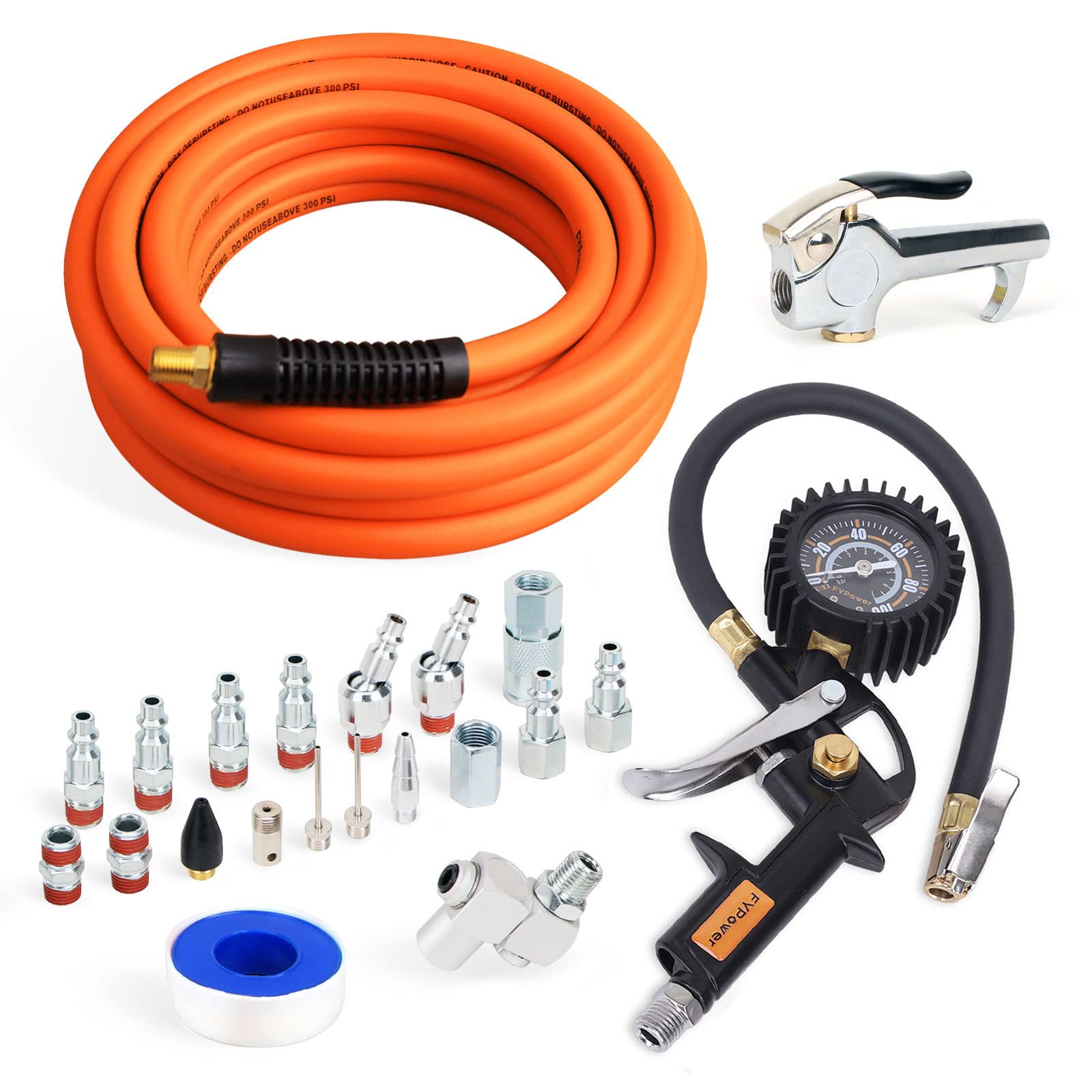Photo 1 of **MISSING ALL ACCESSORIES/ONLY HOSE**FYPower 22 Pieces Air Compressor Accessories kit, 3/8 inch x 25 ft Hybrid Air Compressor Hose Kit, 1/4" NPT Quick Connect Air Fittings, Tire Inflator Gauge, Heavy Duty Blow Gun, Swivel Plugs