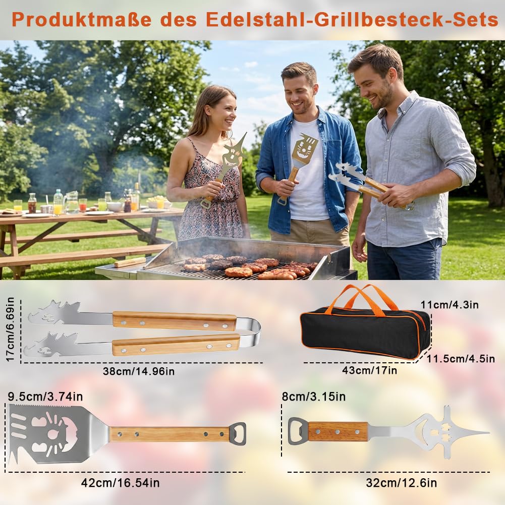 7-in-1 Grillbesteck Set Edelstahl, Multifunktionales Grillspachtel mit Grillzange und Grillgabel, BBQ Grill Zubehör, Kreativer Grillzubehör Männer Geschenk, Grill Geschenke für Männer/Frauen/Eltern 2