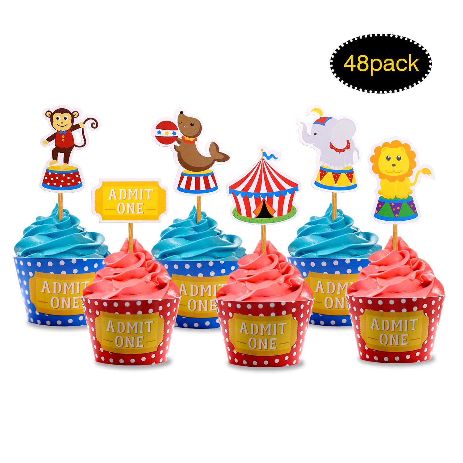 Circus Animals Cupcake Toppers and Wrappers for Kids Carnival Theme