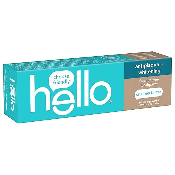 HELLO ANTIPLAQUE AND WHITENING FLUORIDE FREE TOOTHPASTE, WHITENING TOOTHPASTE WITH COCONUT OIL AND TEA TREE OIL, HELPS WHITEN TEETH, NATURAL PEPPERMINT, 4.7 OZ TUBE