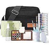 Mini Portable Watercolor Palette,Travel Paint set,15 Grids Portable Wooden Paint Palett with Bag,Paint, Brush, Cleaner Cup,2 Sketchbooks & Magnetic Clip,Watercolor for Painters,Artists