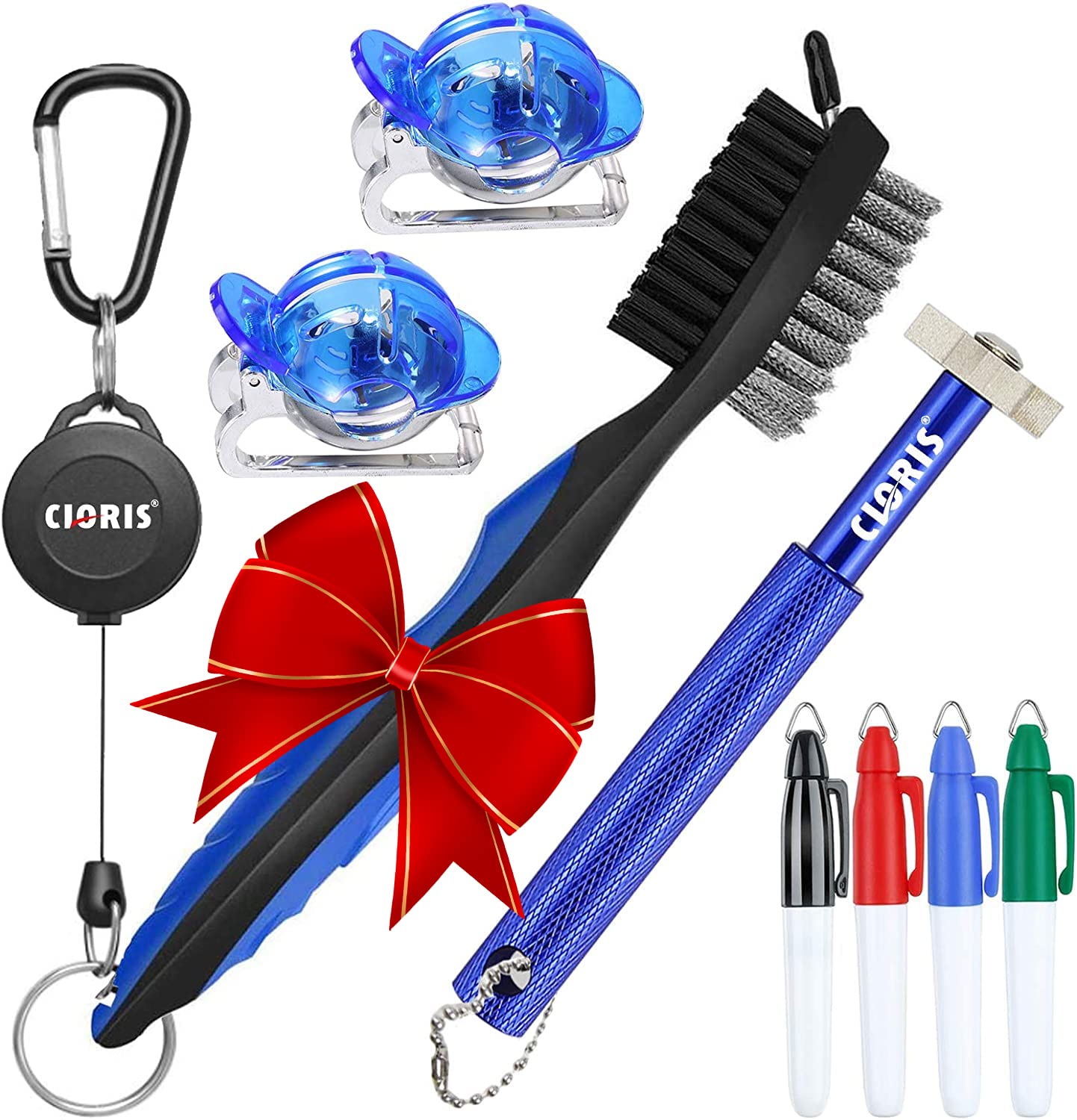 CLORIS Golf Groove Cleaning Tool Set - Microfiber Waffle Pattern Golf Towel | Retractable Club Groove Cleaner Brush | Foldable Divot Tool With Magnetic Ball Marker (Blue-Mark)