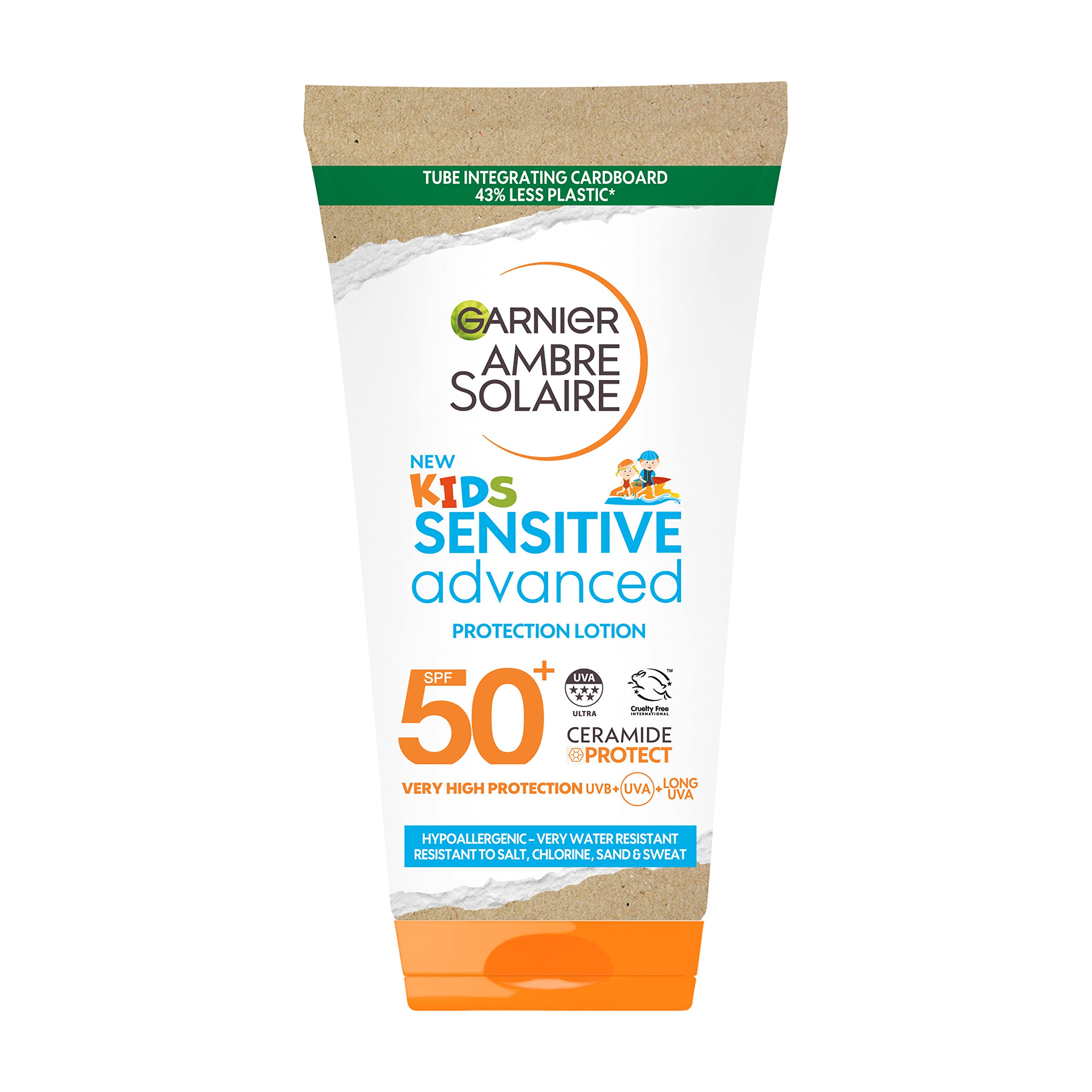 Garnier Ambre Solaire Kids Sensitive Hypoallergenic Sun Protect Lotion SPF 50+ Very High Protection Sunscreen Against UVA & UVB, Non Sticky Water Resistant Lotion, for Face & Body, Travel Size, 50ml