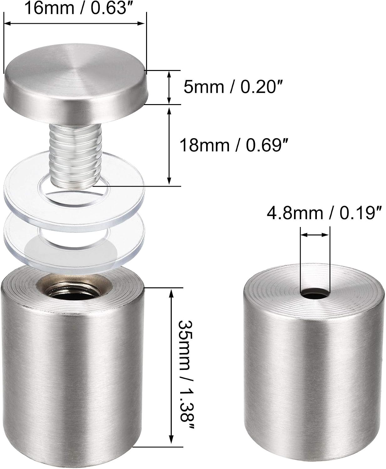 sourcing map 5/8 Dia x 1-5/8"(16x42mm) Standoff Screws Wall Mount Sign Holders Acrylic Glass Nails 4pcs, Silver Tone - Image 3