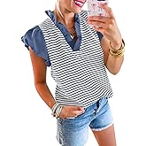 Tankaneo Womens Ruffle Cap Sleeve Tank Tops Summer Casual Cute Color Block Striped Tshirts Pleated V Neck Shirts