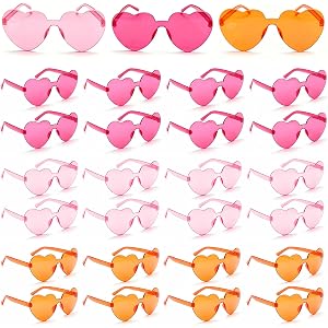 Super Ubelle Pink Orange Party Sunglasses Bulk, Plastic Rimless Fun Heart Sunglasses for Women