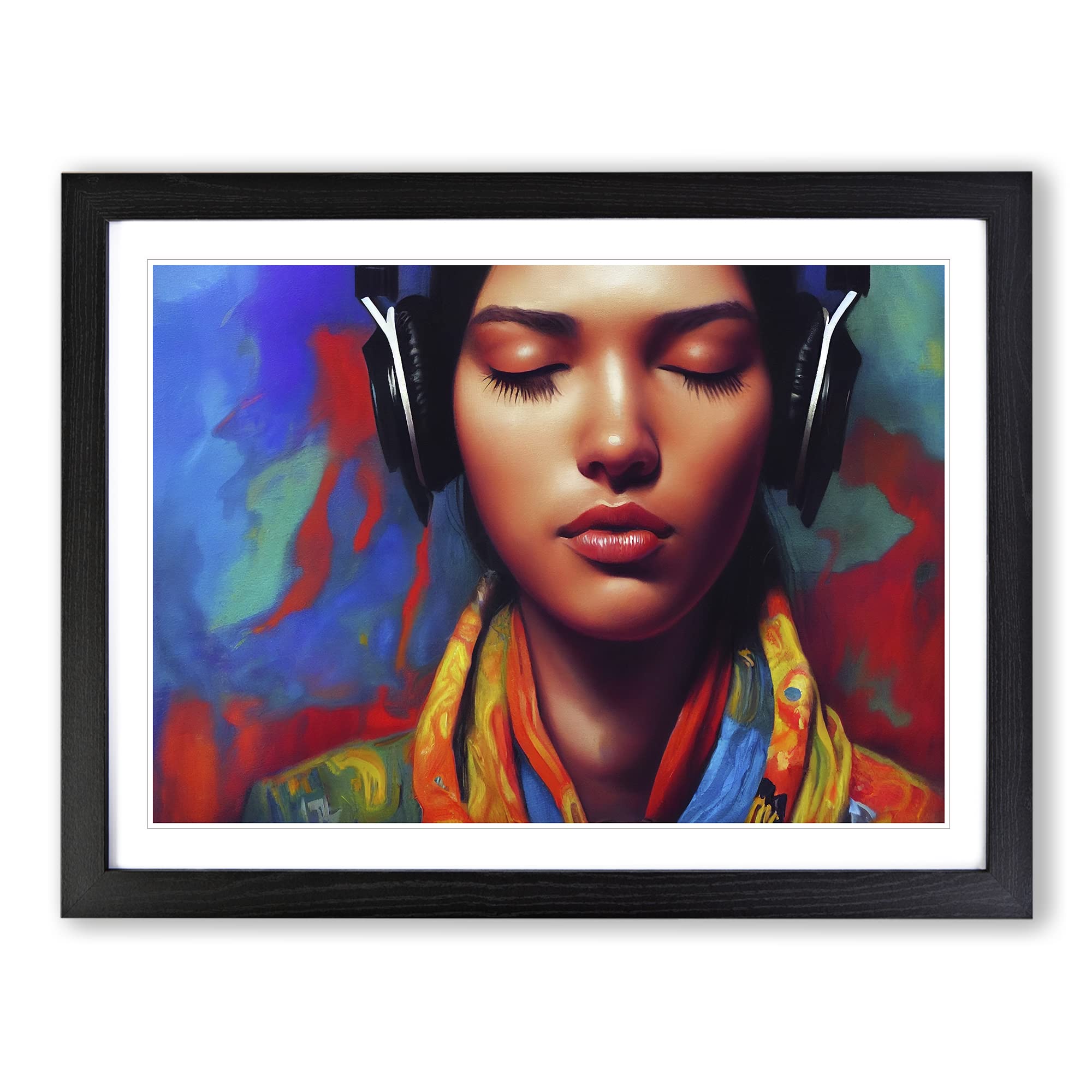 Woman With Headphones Framed Print | A4 Black Framed Wall Art | Ready to Hang | Modern Nature Picture | Living Room Bedroom Lounge Office