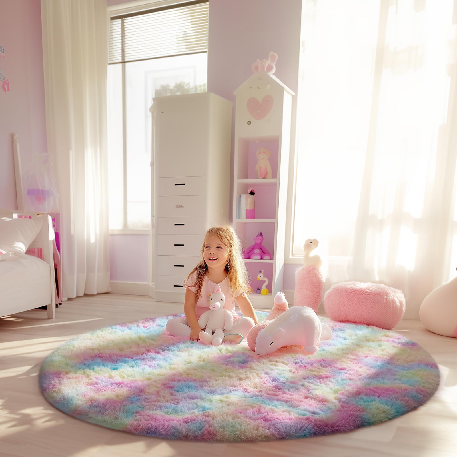Ophanie Soft Fluffy Shaggy Rugs for Bedroom Living Room Dorm Nursery Home Decor Aesthetic,Color Rainbow, Size 5' Round