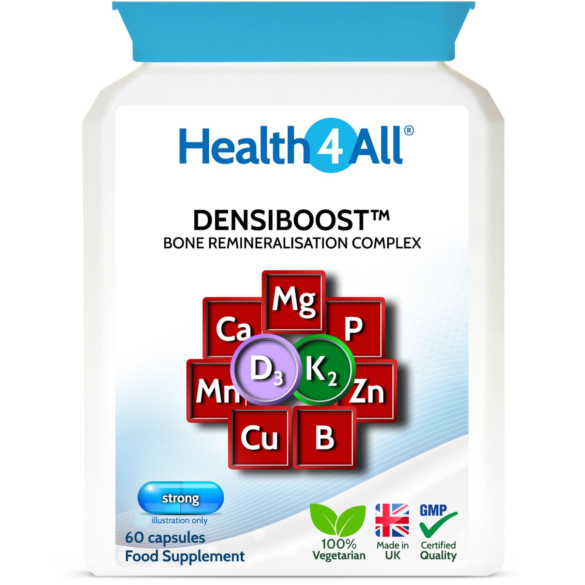 Health4All Densiboost Bone Remineralisation Complex 60 Capsules with Magnesium, Calcium, Manganese, Phosphorus, Copper, Boron, Zinc, Vitamin D3 & K2 MK-7, Bone Health Supplement, Made in UK