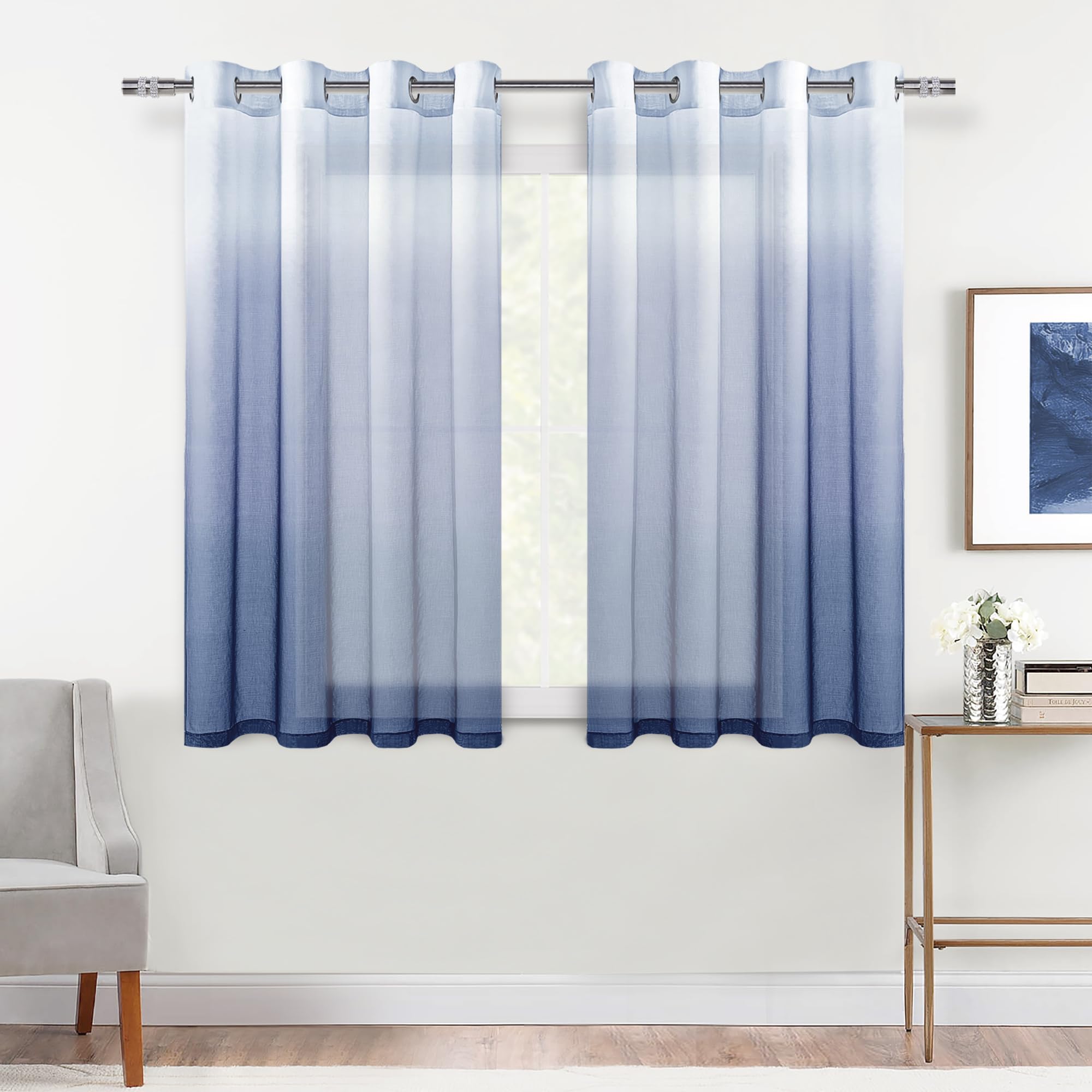 DWCN Ombre Sheer Curtains - Faux Linen Gradient Semi Voile Grommet Top Drapes Bedroom and Living Room Curtains, Set of 2 Window Curtain Panels, 52 x 54 Inch Length, Denim Blue
