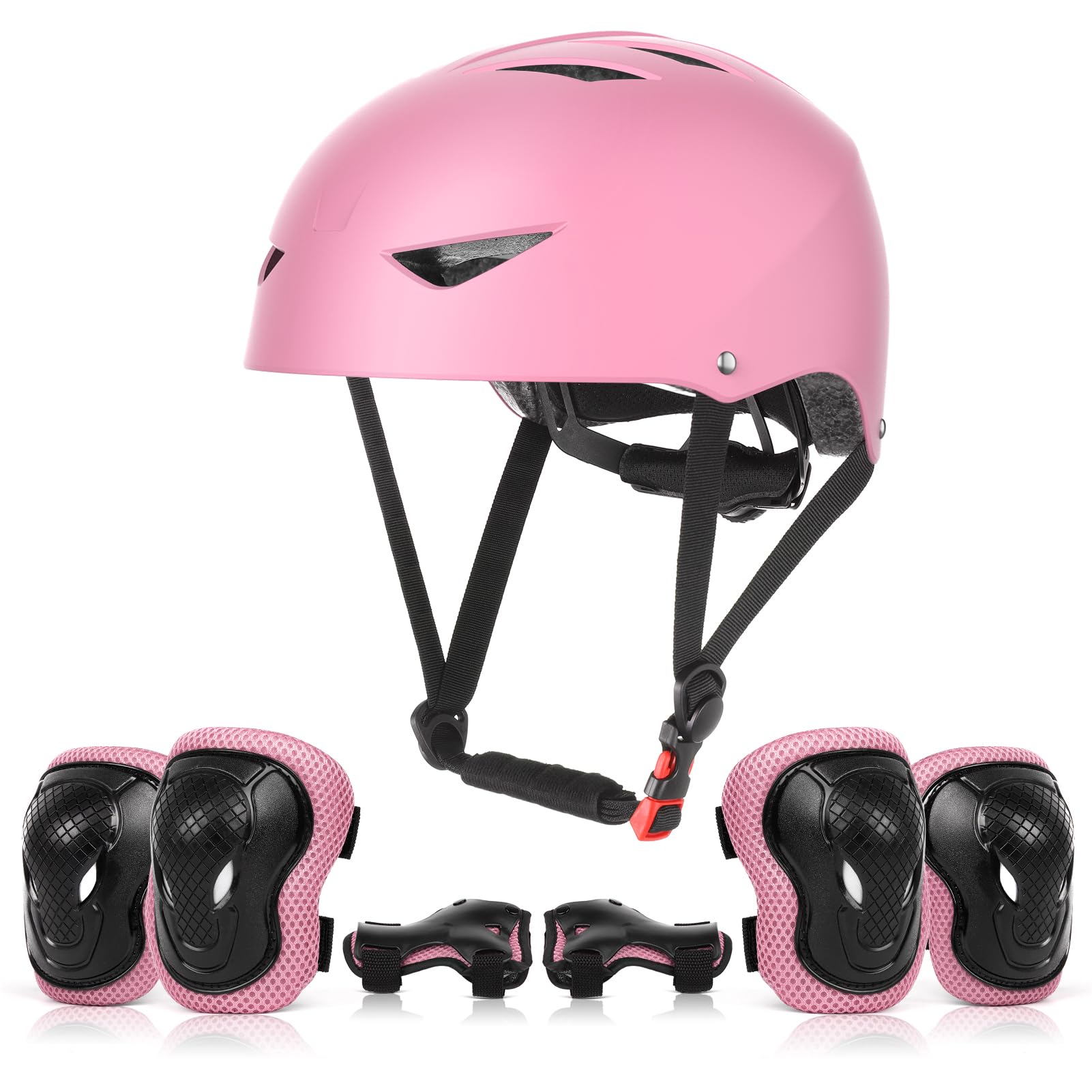 ValueTalks Kids Helmet and Pads Set Age 5-12 Years Kids Skateboard Helmet Knee Pads Elbow Pads Wrist Pads for Roller Scooter Cycling Skating (Pink)