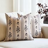 Amor Virisso Floral Throw Pillow Covers 18x18 Set of 2 Block Print Pillow Covers Neutral Floral Striped Farmhouse Decorative Pillow Covers for Sofa Couch Bed, Light Taupe