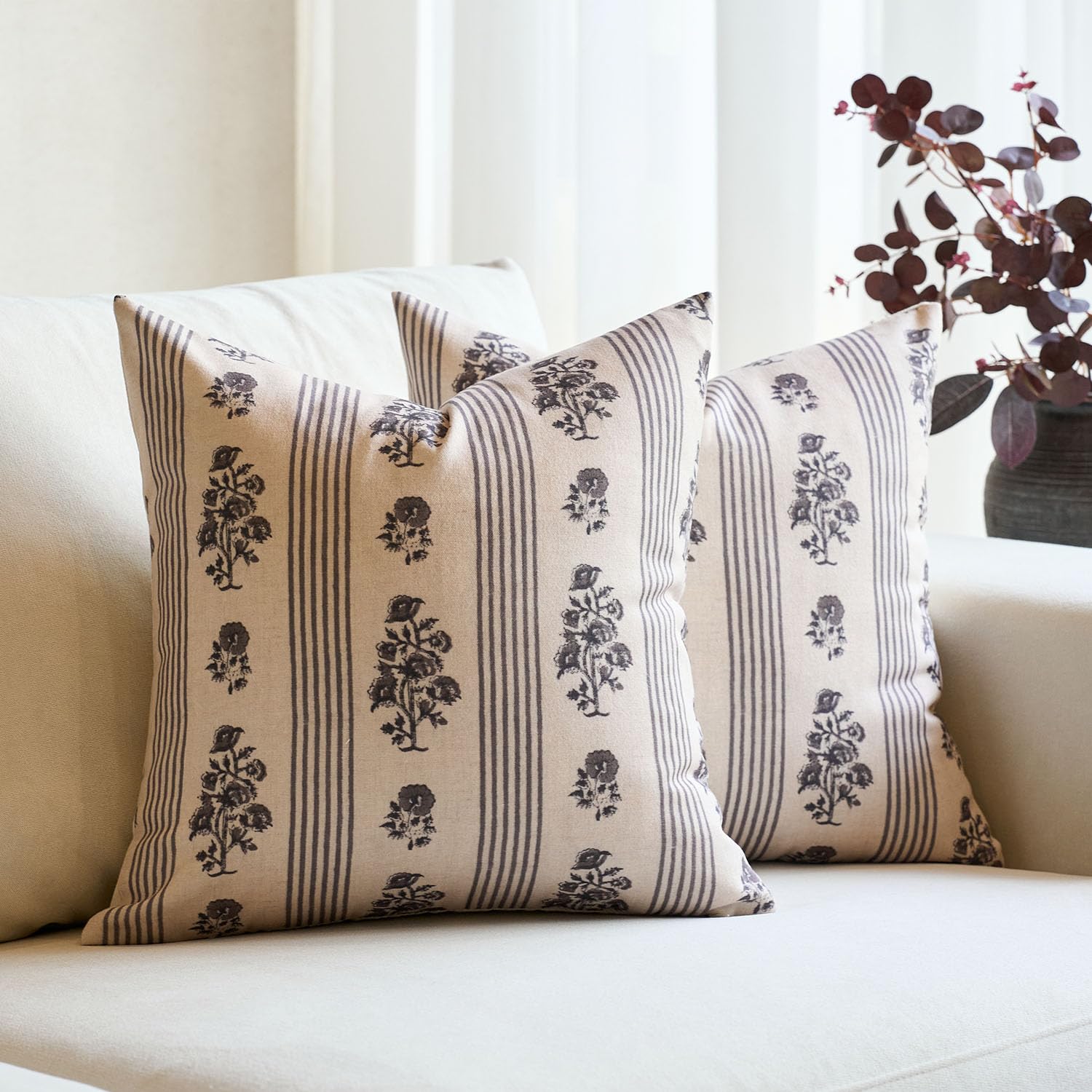 Amor Virisso Floral Throw Pillow Covers 20x20 Set of 2 Block Print Pillow Covers Neutral Floral Striped Farmhouse Decorative Pillow Covers for Sofa Couch Bed, Light Taupe