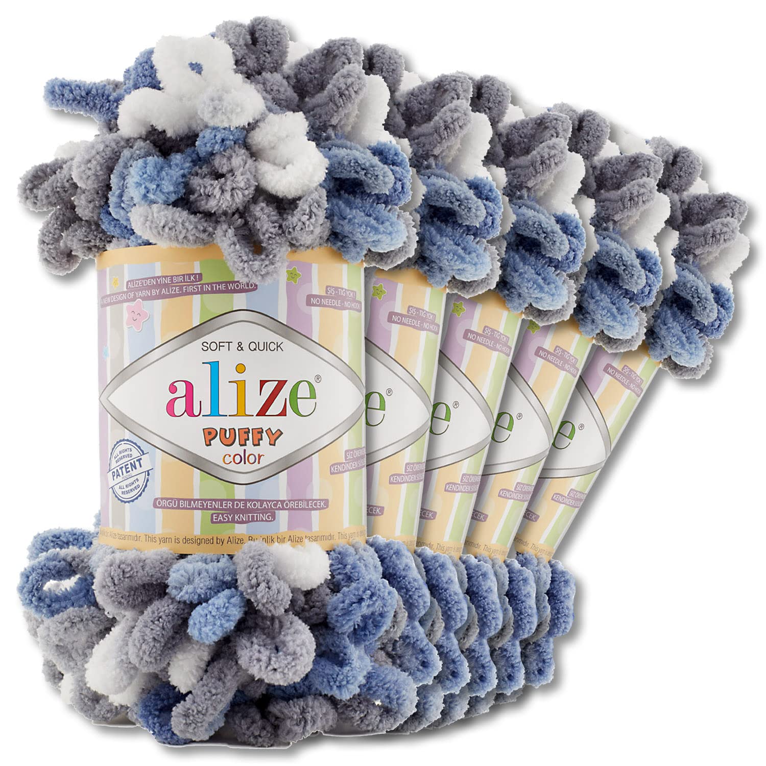 Wohnkult Alize 5 x 100 g Puffy Colour Premium Wool 26 Colour Combinations Chenille Handmade Knitting and Crochet without Aids Smart Yarn (6075)
