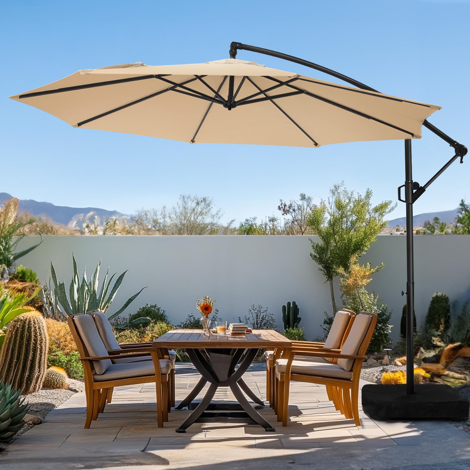 Photo 1 of **ONLY THE BASE**wikiwiki 10ft Patio Umbrella with Base Included, Outdoor Offset Cantilever Umbrella, Infinite Tilt, Crank and Cross Base, Beige