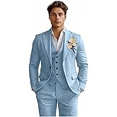 Linen Mens Suits 3 Piece Slim Fit Tuxedo Suit for Men Beach Wedding Formal Business Suit Groom Prom Set Outfits