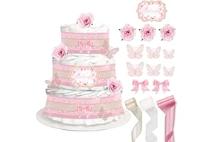 CORNER LACE Baby Shower Pink Butterfly Diaper Cake Decorations, Birthday Party Diaper Cake Supplies, Include Ribbon, Bow Tie,