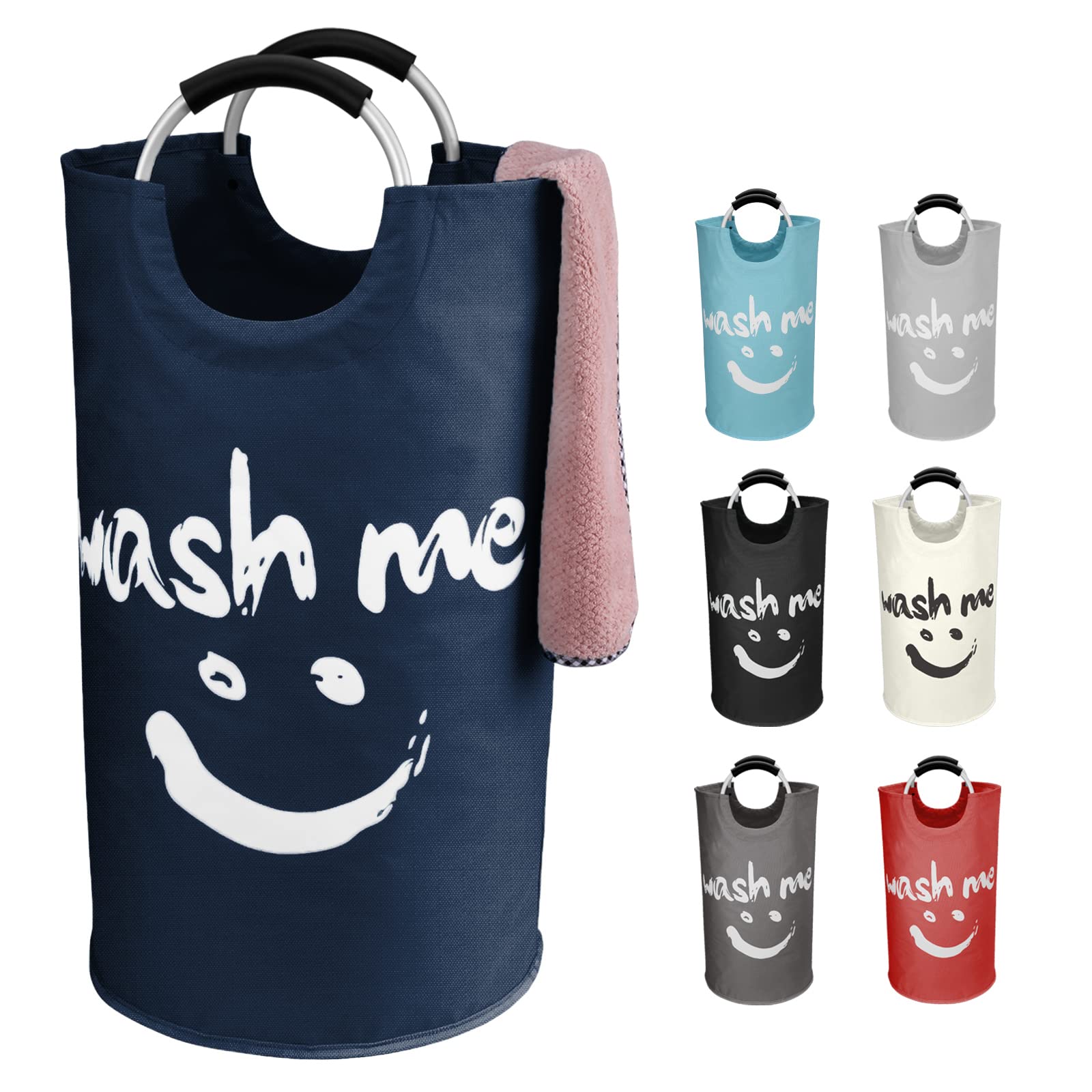 IHOMAGIC 95L Collapsible Laundry Bin Independent Fabric Laundry Hamper with Comfortable Handle Laundry Washing Bin with Smiley Pattern Clothes Organizer for Home, Travel 15x15x28.3 in (Navy Blue)