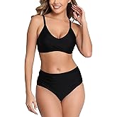 Halcurt Women's Bikini Sets Twist Front Swim Top with Ruched Tummy Control Bottom Two Piece Swimsuit