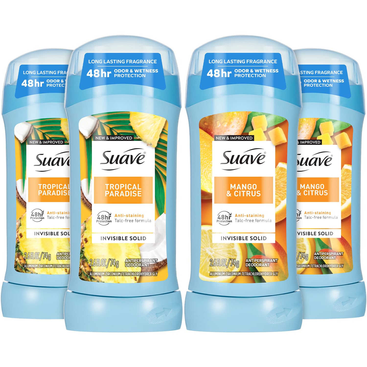 Suave Antiperspirant Deodorant for Women Variety 4-Pack – Tropical Paradise + Mango & Citrus, Anti-Staining Invisible Solid, Talc-Free, 2.7 Oz Ea