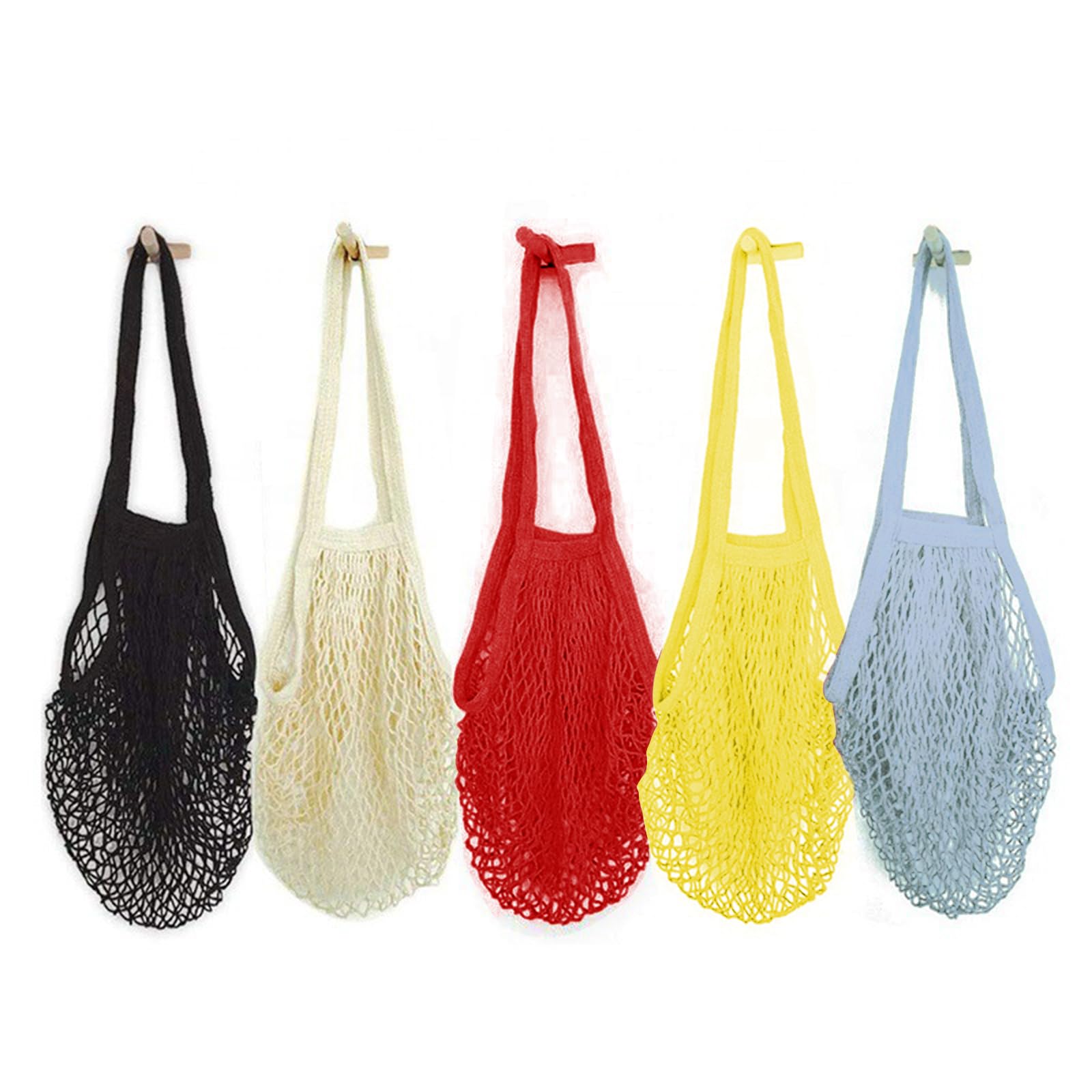 Soulnioi Reusable Grocery Mesh Bag Long Handle Cotton String Mesh Produce Bags Organic Grocery Shopping Bags Portable/Washable Mesh Bag for Fruit and Vegetables Storage 5PCS in 5 color Set 1