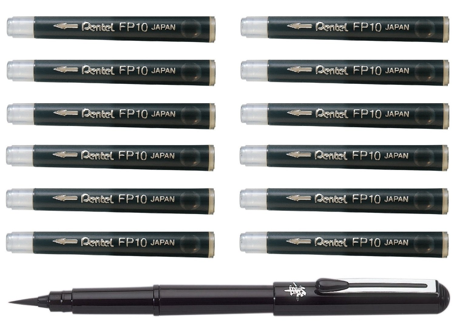 Pocket Pentel Brush Pen Including Refill Cartridges (Black), Refillable, Waterproof, Non-Fading, black, mit 12 Patronen