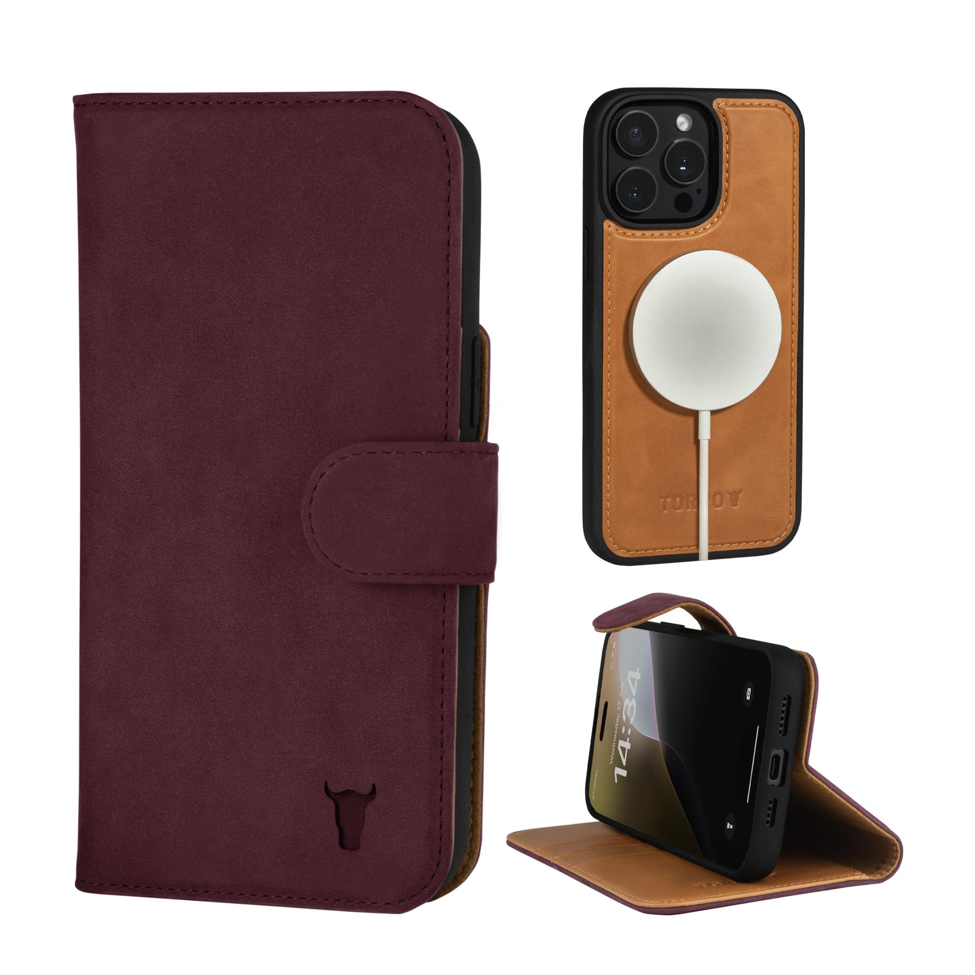 TORRO Nubuck Leather Case Compatible with iPhone 15 Pro – Leather Bumper Case with Magnetically Detachable Wallet Cover with Kickstand (Compatible with Official MagSafe Chargers) - Maroon