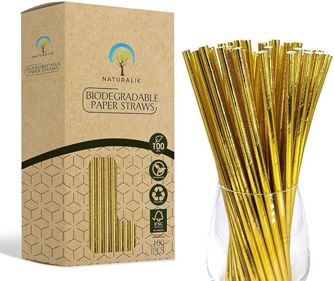 Naturalik 100Pack Biodegradable Gold Paper Straws Extra Durable