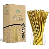 Naturalik 100-Pack Biodegradable Gold Paper Straws- Extra Durable Metallic Gold Drinking Straws- Gold Straws for Birthday, We
