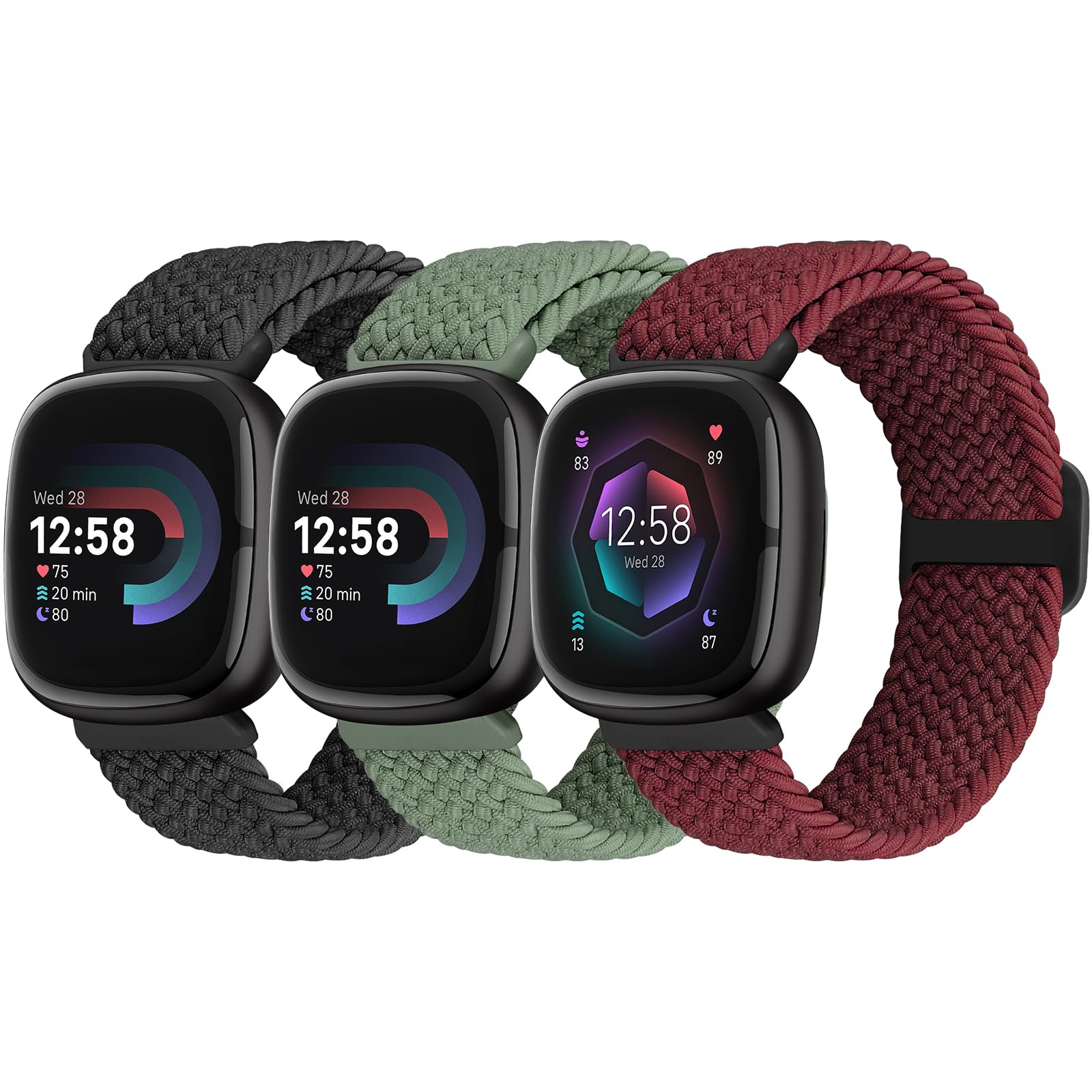 Yunshare Elastic Braided Solo Loop Band Compatible with Fitbit Versa 4/Fitbit Sense 2/Fitbit Versa 3/Fitbit Sense, Stretchy Straps Nylon Sport Wristband for Women Men, 3 Packs — image 1