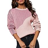 Sidefeel Womens Long Sleeve Crewneck Color Block Pullover Sweaters Casual Striped Loose Knit Tops Trendy Fall Outfits