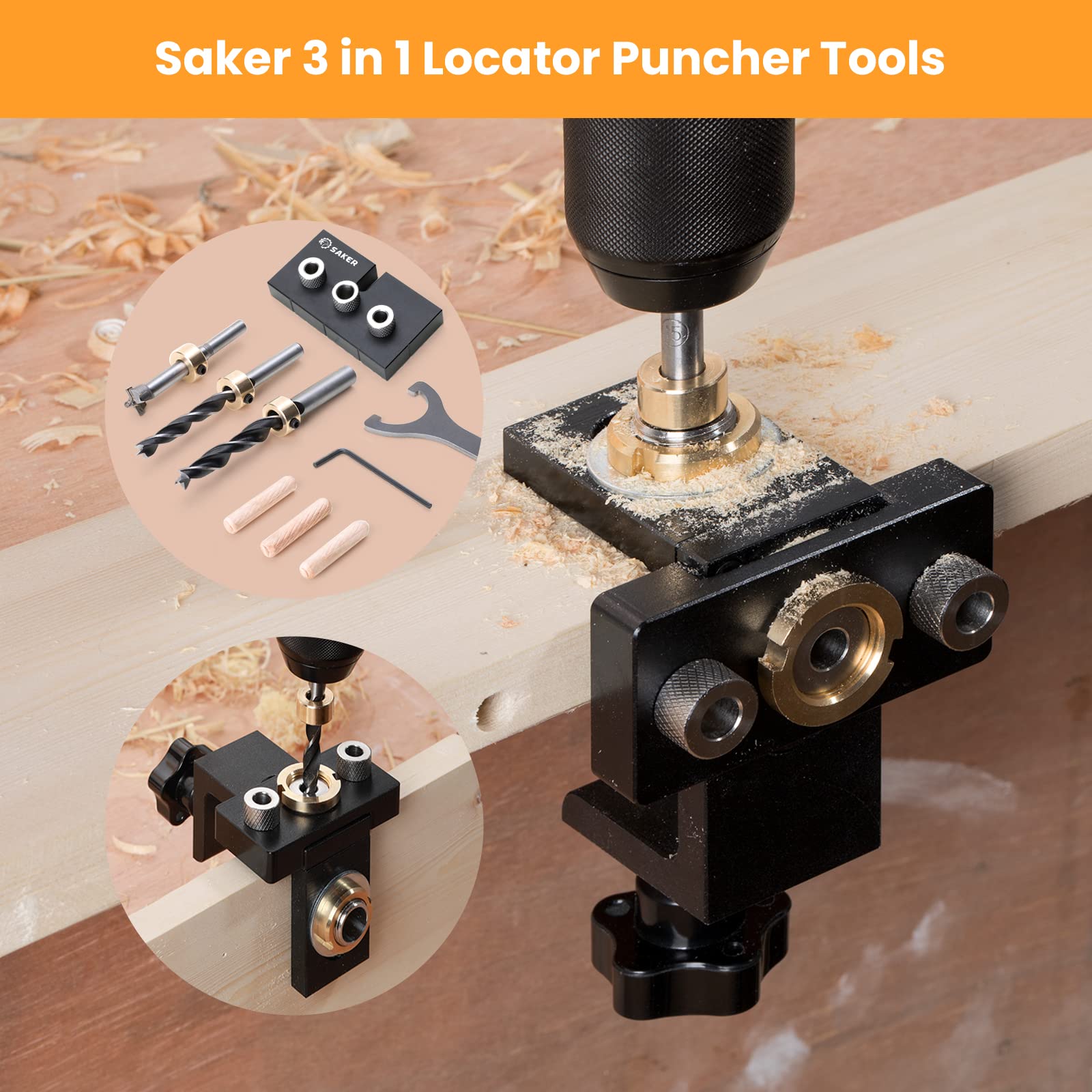 Saker 3 in 1 Adjustable Woodworking Drilling Locator Puncher Tools-Doweling Jigs Set,Pocket Hole Jig Kit (3-in-1 Punch Locator+Wood Dowel Punch Locator)