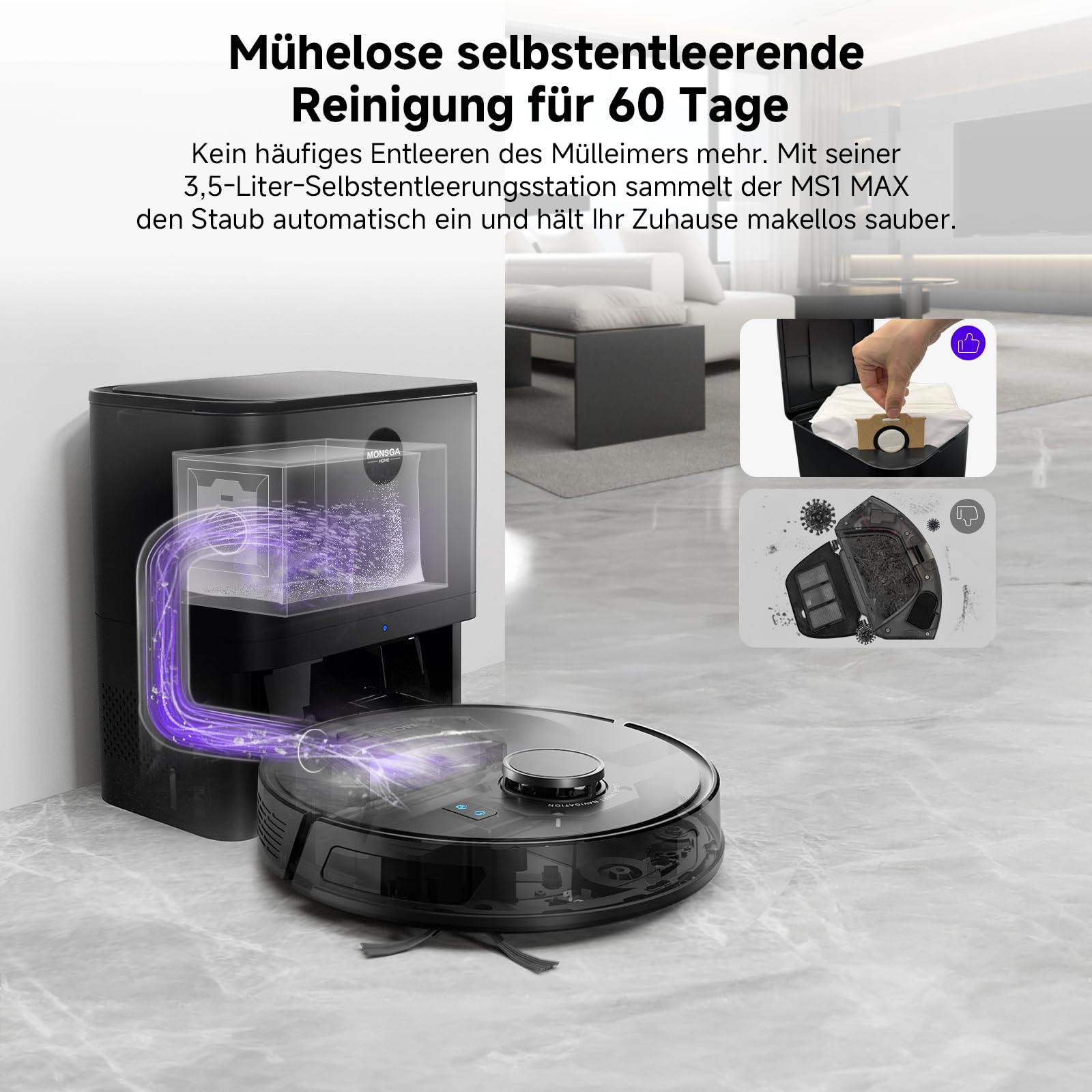 MONSGA Saugroboter mit Wischfunktion, 3.5L Staubsauger Roboter mit Absaugstation, 5000Pa Saugkraft, 180Min Laufzeit, LiDAR Navigation, Starke Saugkraft ideal für Teppich und Tierhaare, APP Steuerung 6