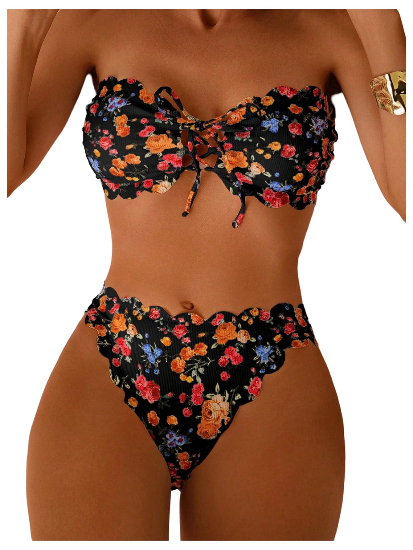 Photo 1 of SOLY HUX Women's Bandeau Bathing Suit Floral Scallop Tie Front Bikini Set Two Piece Swimsuit Black Floral Large