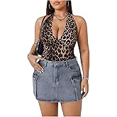 WDIRARA Women's Plus Size Leopard Print Halter Top V Neck Sleeveless Tie Backless Tank Cami Tops