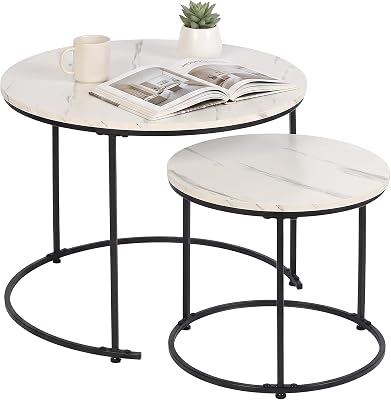 Conjunto de 2 mesas, 2 tamanhos, efeito de mármore, Metal, Branco/Preto