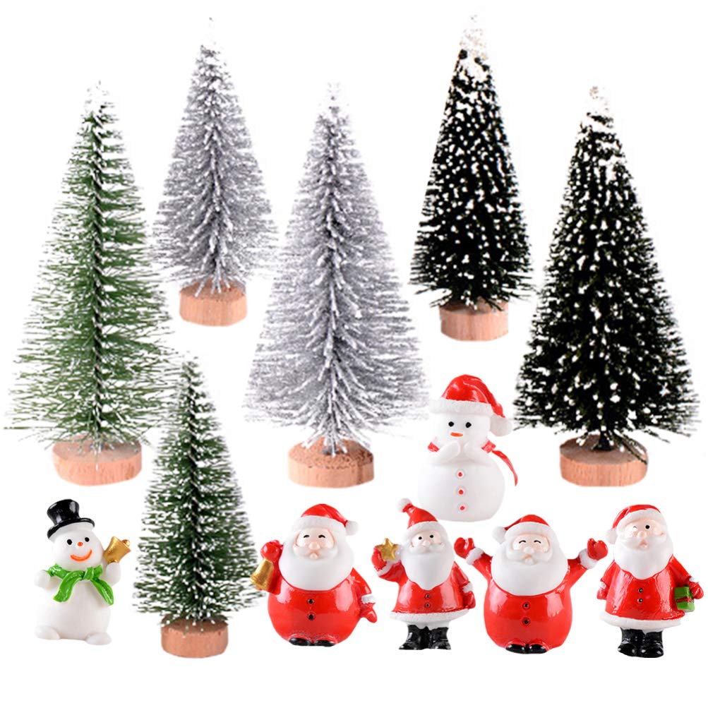 Amosfun 15Pcs Mini Christmas Trees Sisal Snow Frost Trees with Miniature Figures Santa Claus Snowman Ornaments for Miniature Scenes, Christmas Crafting and Designing