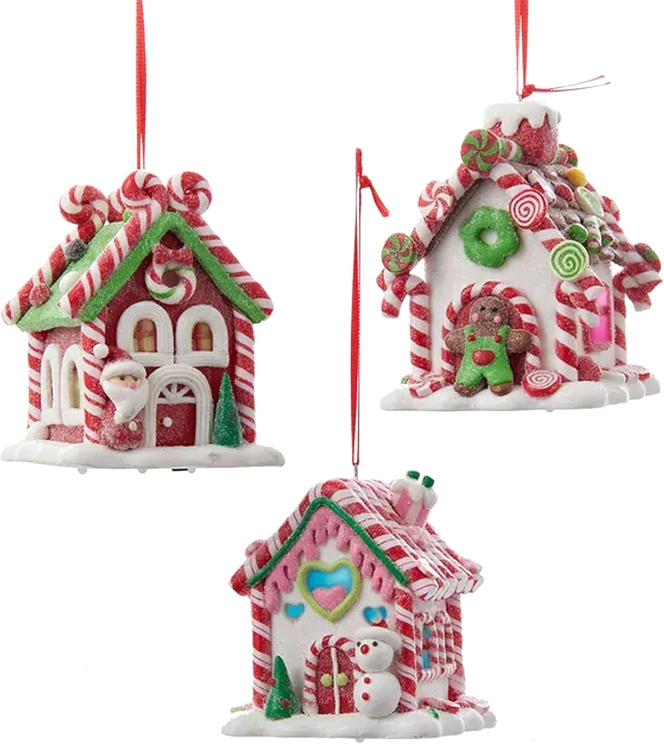Ornaments - Kurt Adler Holiday Decorative Batter Operated Gingerbread LED Candy House Hanging Accessory Christmas Tree Ornament Set with String Hanger (3 Pack)