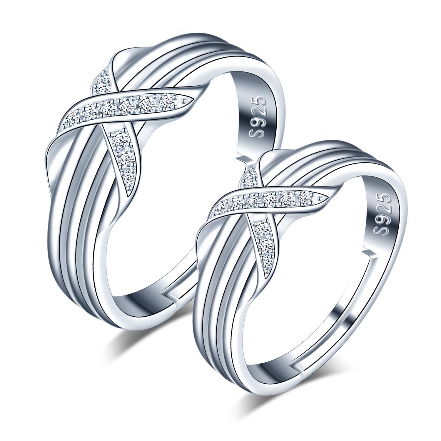 CPSLOVE 925 Sterling Silver Women Couple Ring, Infinite Love "X" Letter Inlaid Zircon Wedding Rings, Adjustable Size, Elegant engagement ring