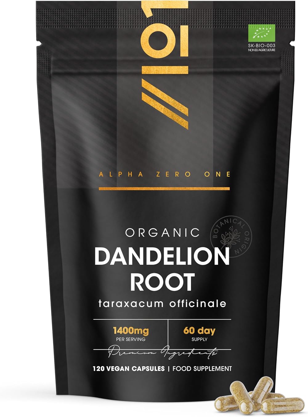 ALPHA01 Organic Dandelion Root 1400mg 120 Vegan Capsules High Strength