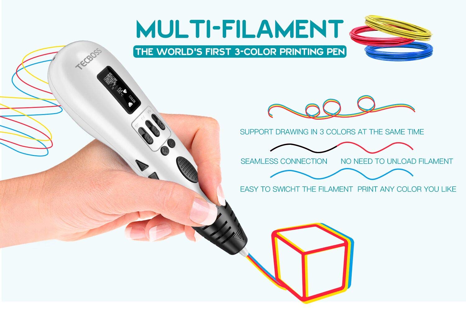 TECBOSS 3D Pen Pro, MP01 3D Printing Pen for Adults Teens Kids, World First MultiFilament 3D