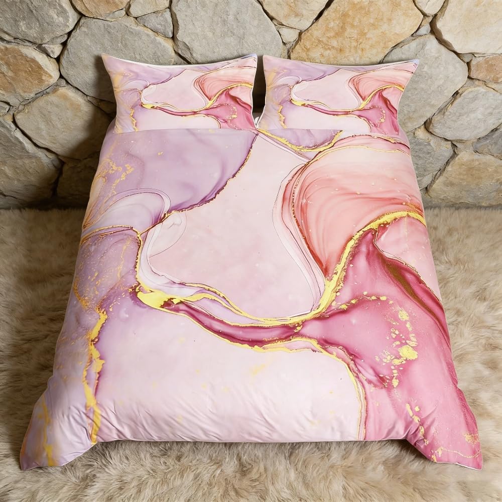 Girly Marble Bedding Set Double Printed Duvet Cover Gold Glitter Pink Purple Abstract Art Comforter Cover for Girls Kids Bedroom Decor Modern Bedspread Cover With Zipper — image 1