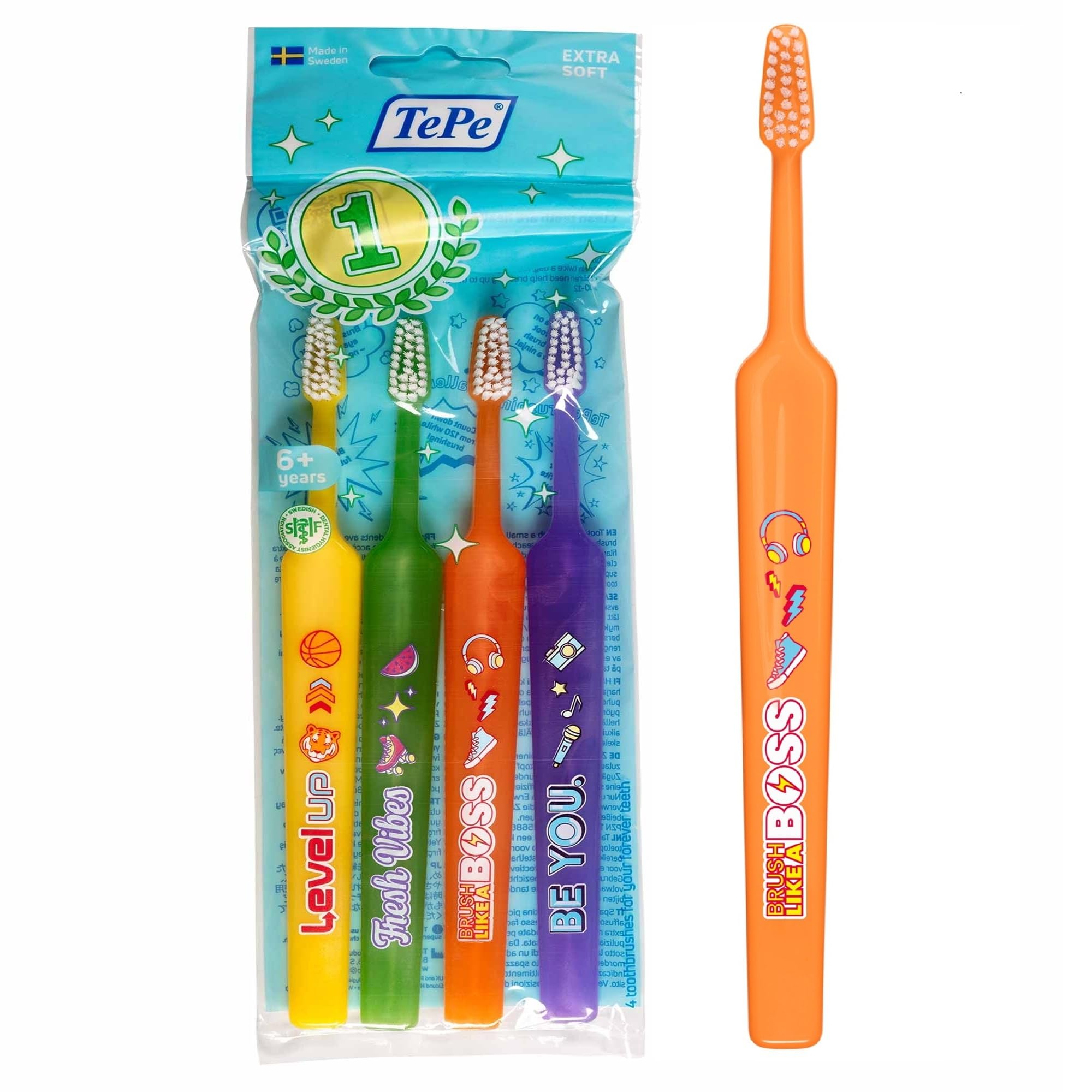 TePe Select Compact Toothbrush, Kids Extra Soft, Mixed Pack, 4pcs, Kids Toothbrush, Soft Bristle Toothbrush for Gentle and efficient Cleaning