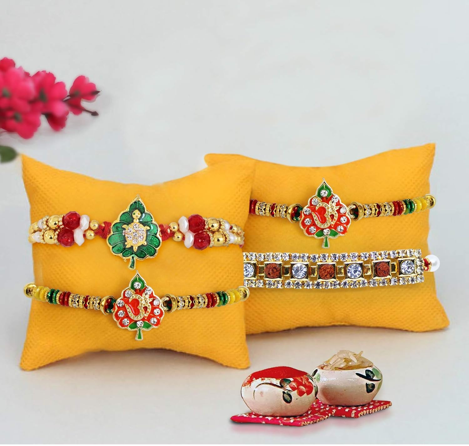 tied ribbons set of 4 rakhi with roli chawal pack for brother(men)