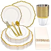 Glowserve 175 Plastic Dinnerware Set Gold Disposable Dinnerware Set for 25 Guests Include 50 Plastic Plates 25 Silverware Set 25 Cups and 25 Napkins for NewYear Party Wedding Birthday