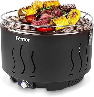 femor Rauchfreier Holzkohlegrill, Tischgrill mit Tragetasche, Grill mit USB-oder Batteriebetriebenem Lüfter, 35x35x25cm, 3 Minuten Vorglühzeit, Super Temperaturregelung, für Balkon Camping Picknick