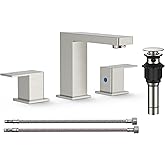 FORIOUS Brushed Nickel Bathroom Faucet 3 Hole, 8 Inch Widespread Square Bathroom Sink Faucet with Metal Pop-Up Drain and cUPC Supply Lines Included for Restroom, Lavatory, Basin, Restroom and Mall